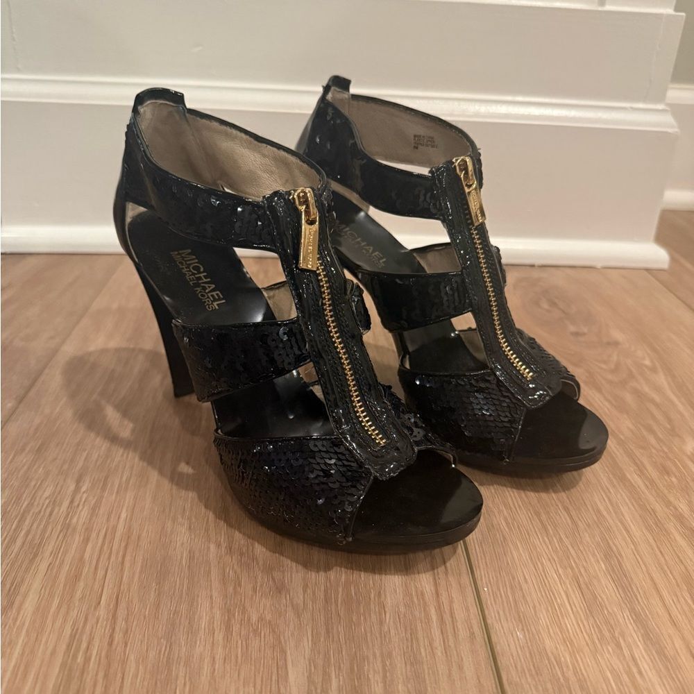 Michael Kors Black Sequence Heels with gold zipper